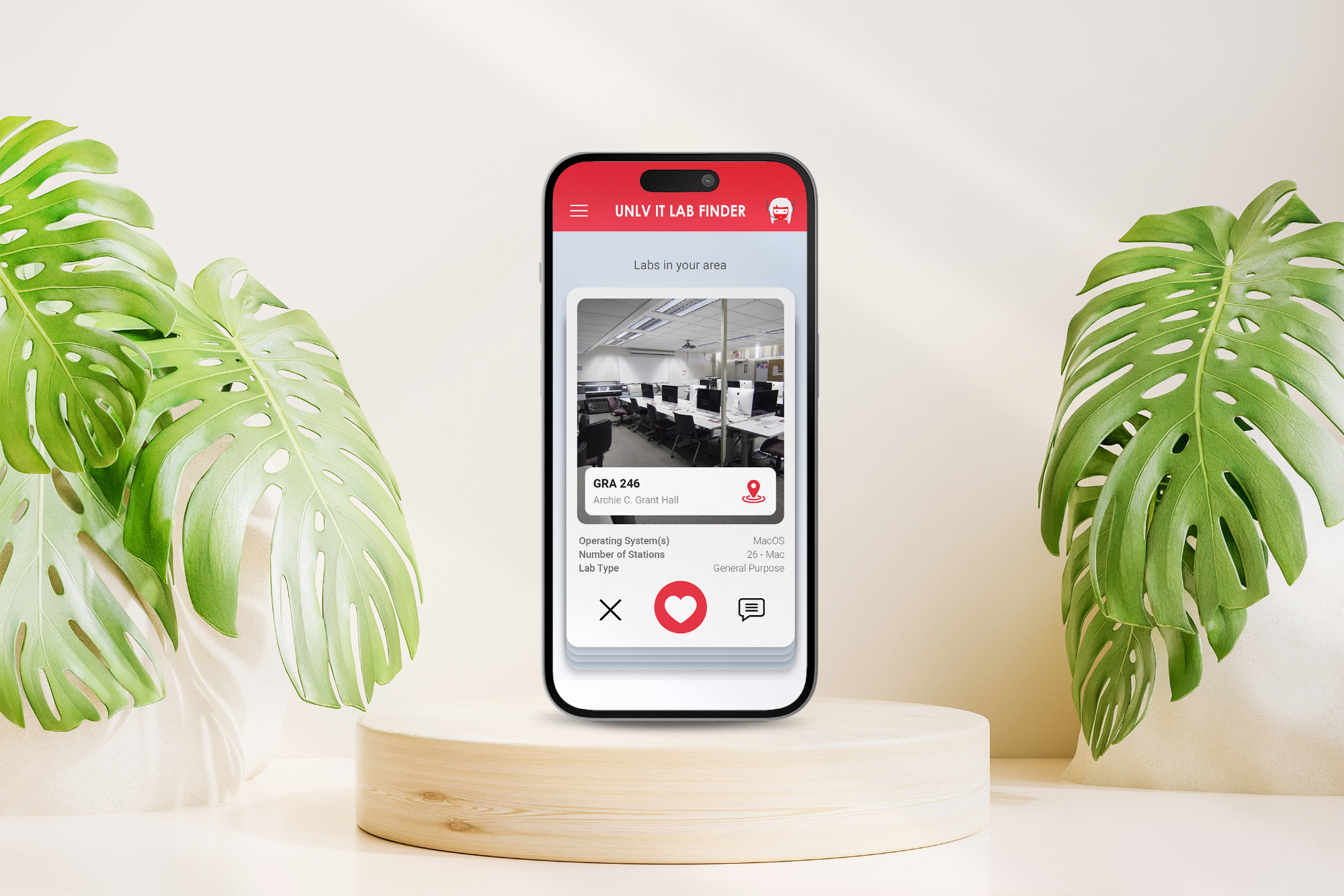 Phone with dating app style design showing computer lab and details.