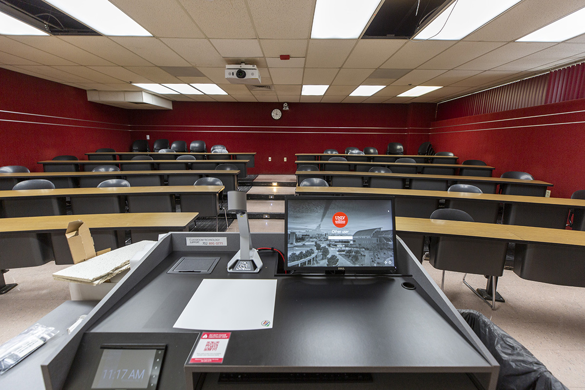 A U-N-L-V technology enhanced classroom lectern view.