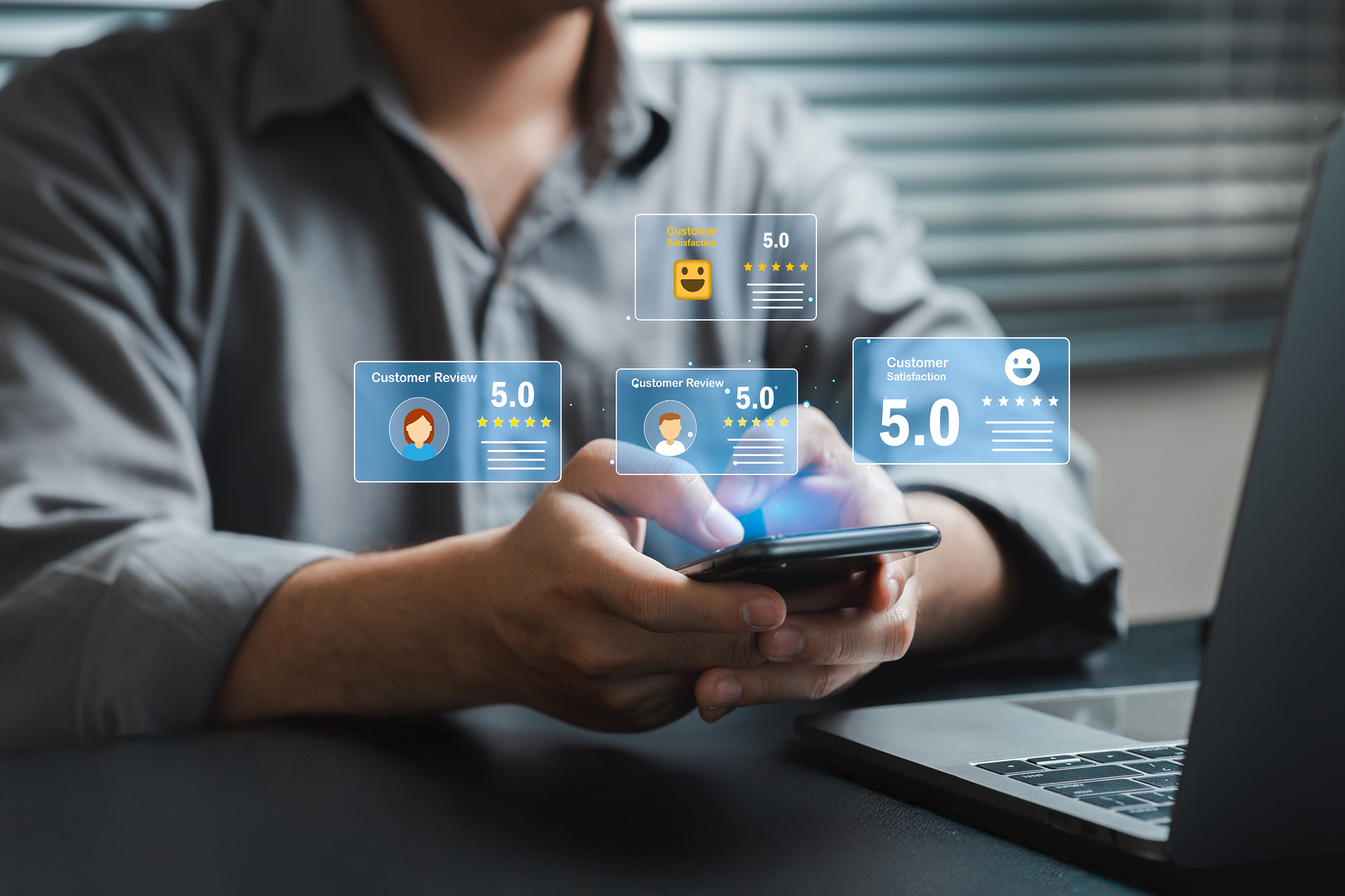 Person using a smartphone with holographic 5-star customer review and satisfaction graphics floating above the screen.