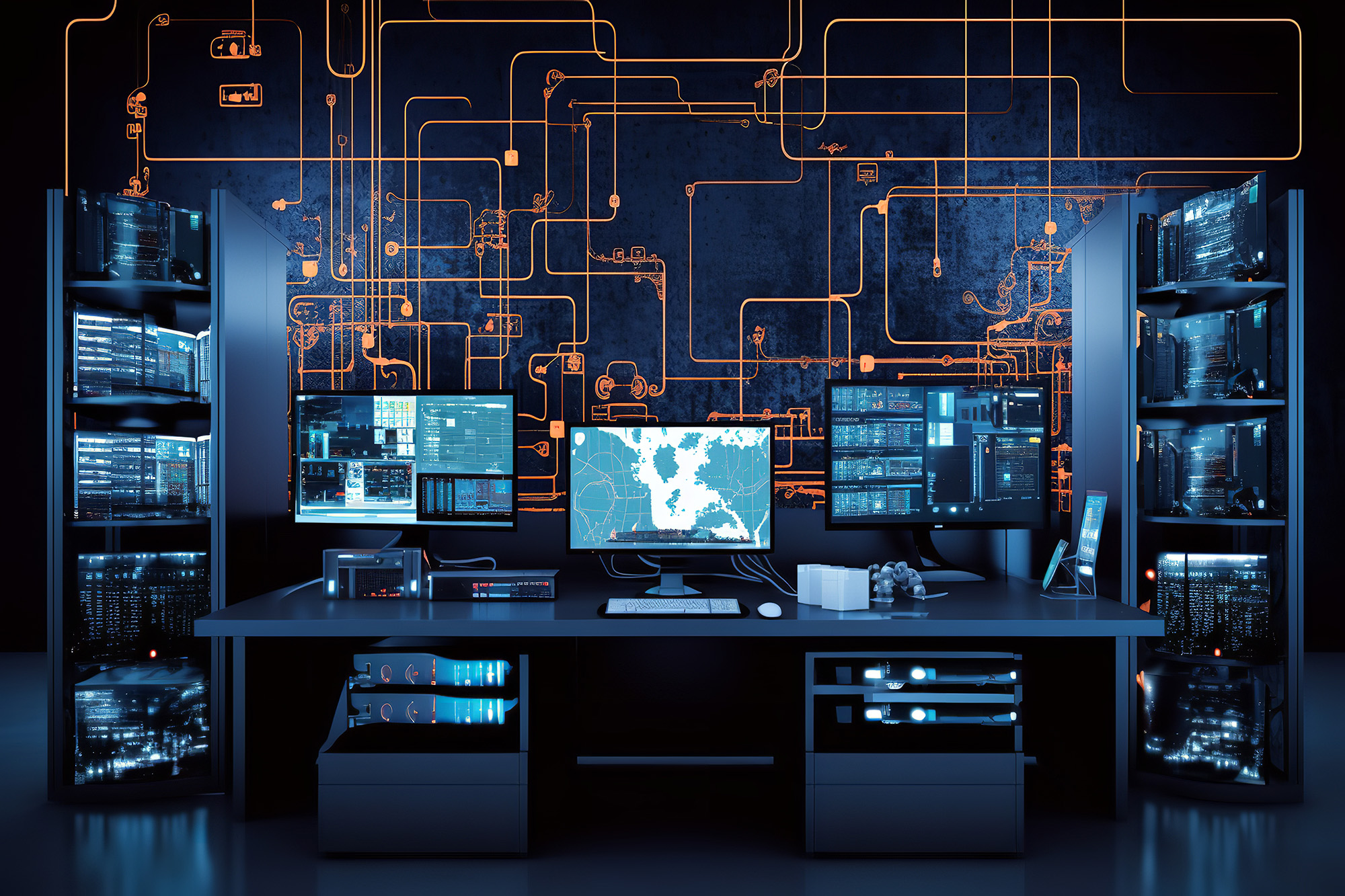 High-tech control room with multiple server racks, computer monitors displaying data dashboards, and illuminated network schematics on the wall.