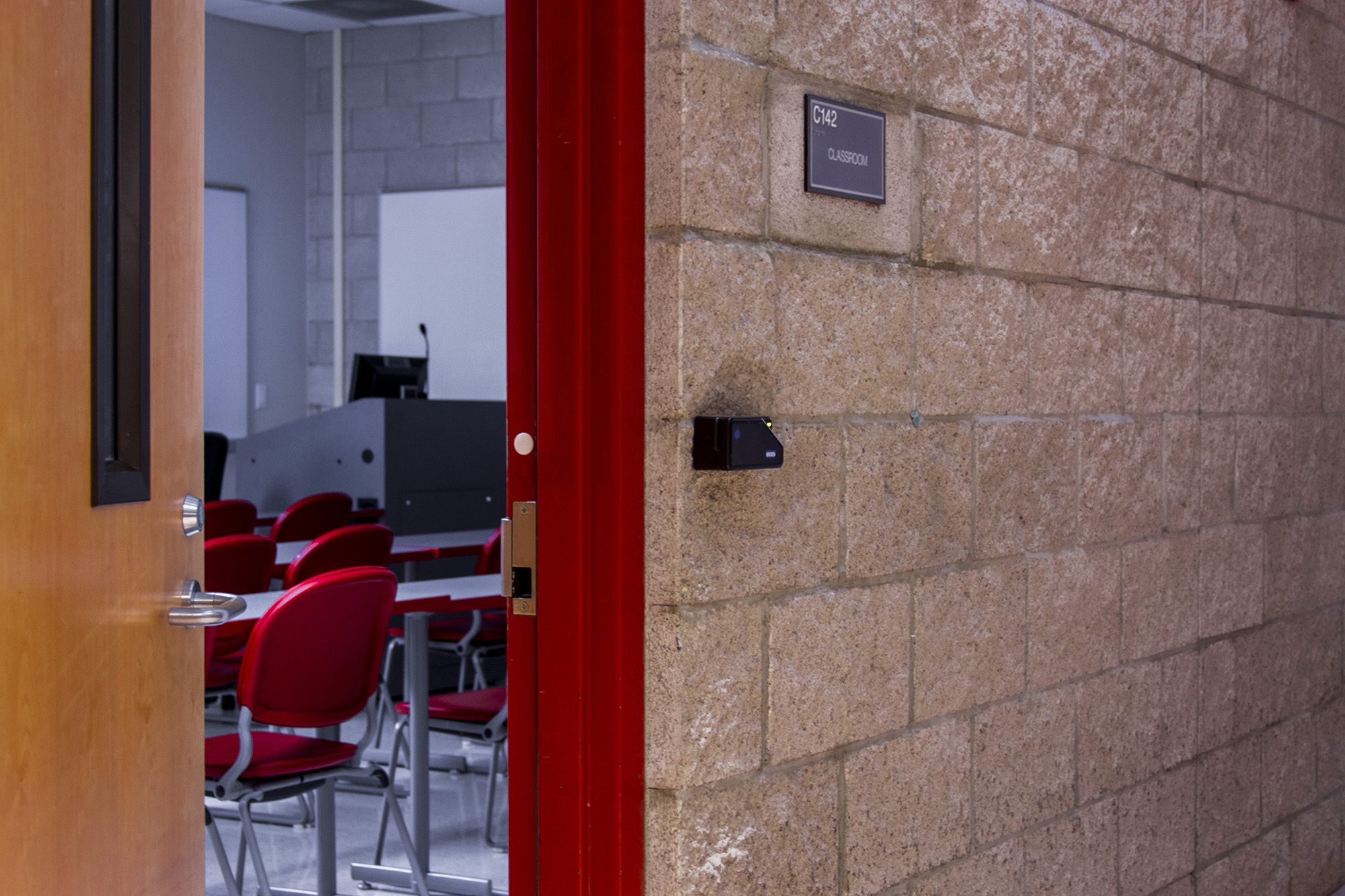 A proximity access sensor outside a classroom at U-N-L-V.