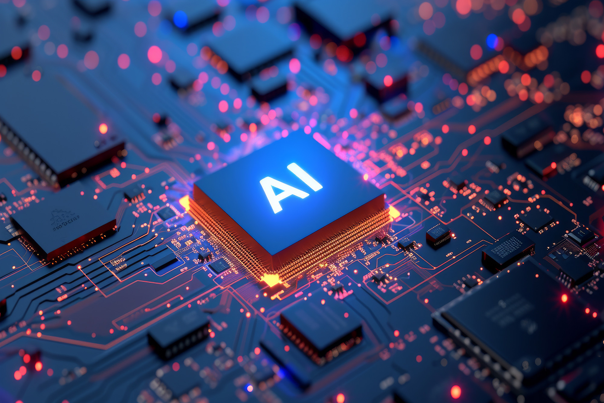 Close up macro shot of computer CPU motherboard mainboard with AI powered chip semi conductor processor circuit board.