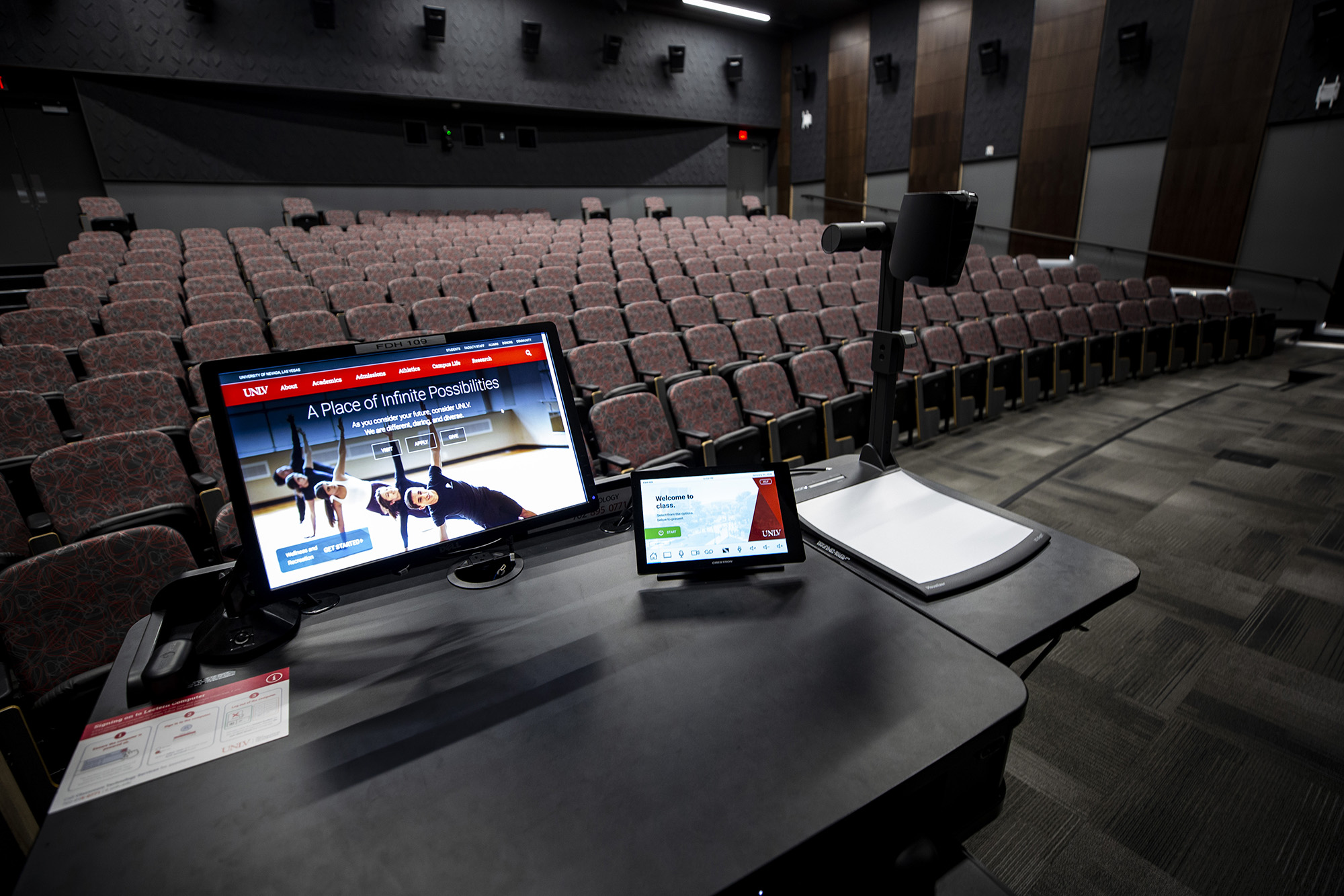 Lectern view of a U-N-L-V technology enhanced classroom.