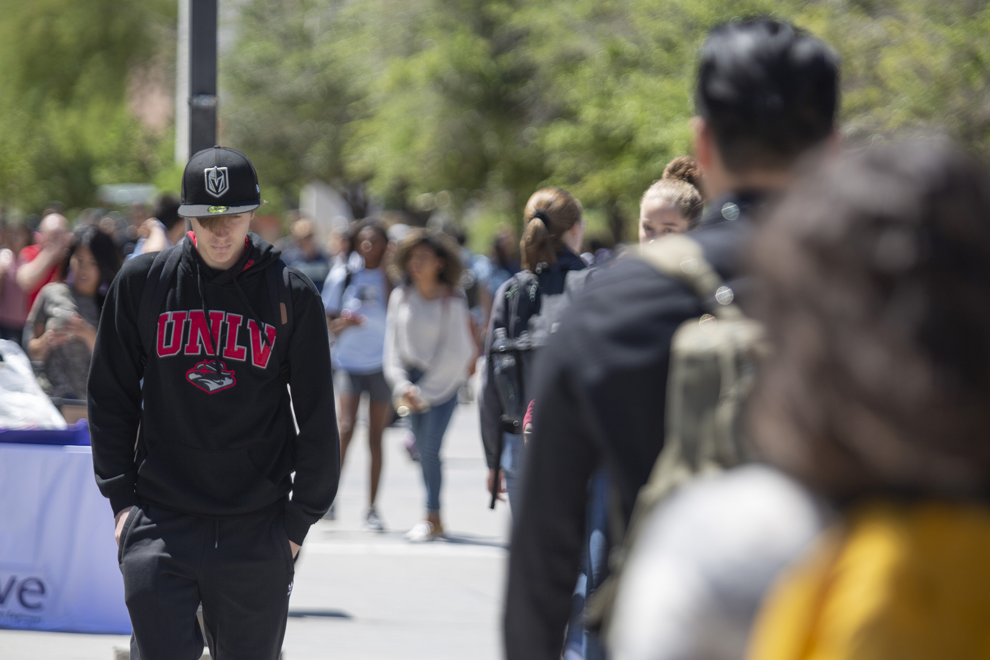 Students walking an outdoor university pathway.