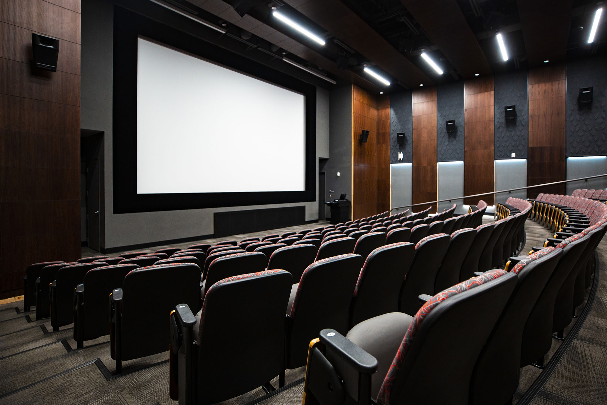 A giant white screen in front of rows of empty seats in an amphitheater-style classroom. 