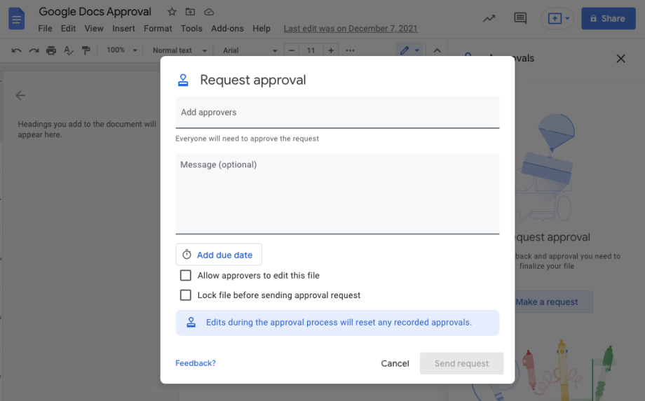 Screenshot of requesting approval on files in Google Drive