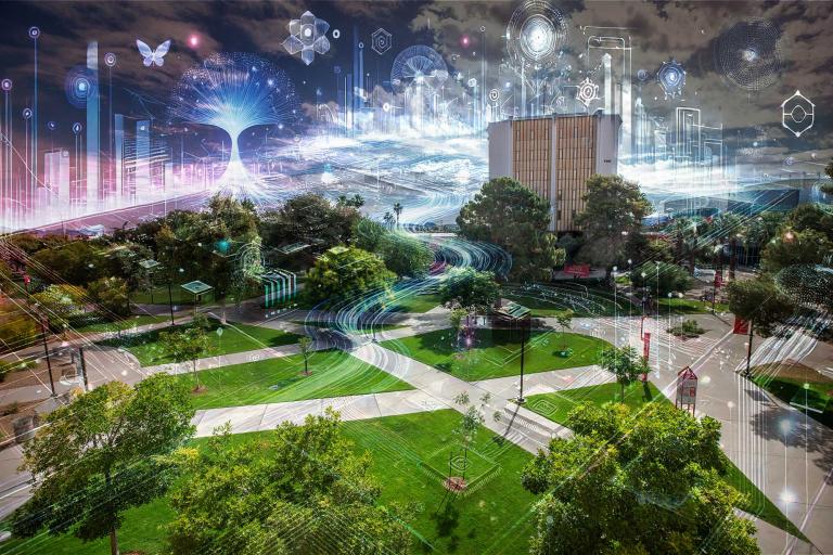 A futuristic AI landscape overlaid onto the UNLV campus.