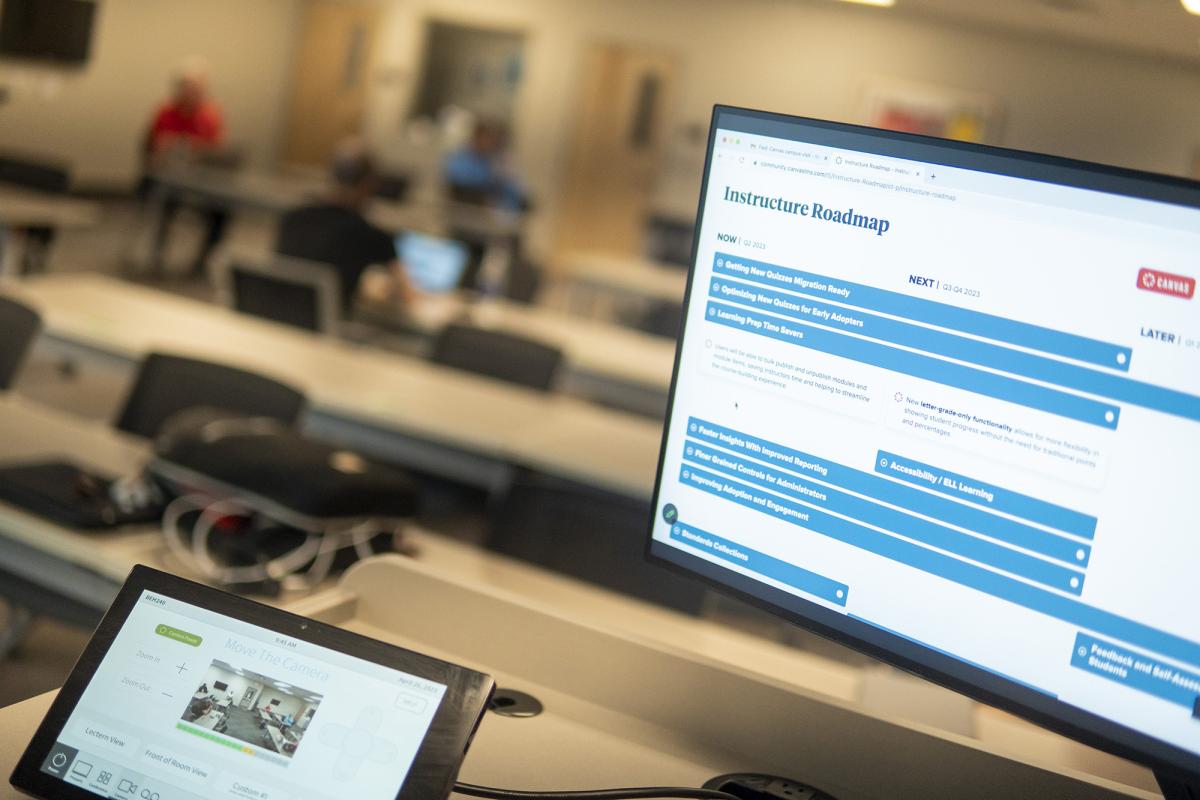 Close shot of a technology classroom lectern.