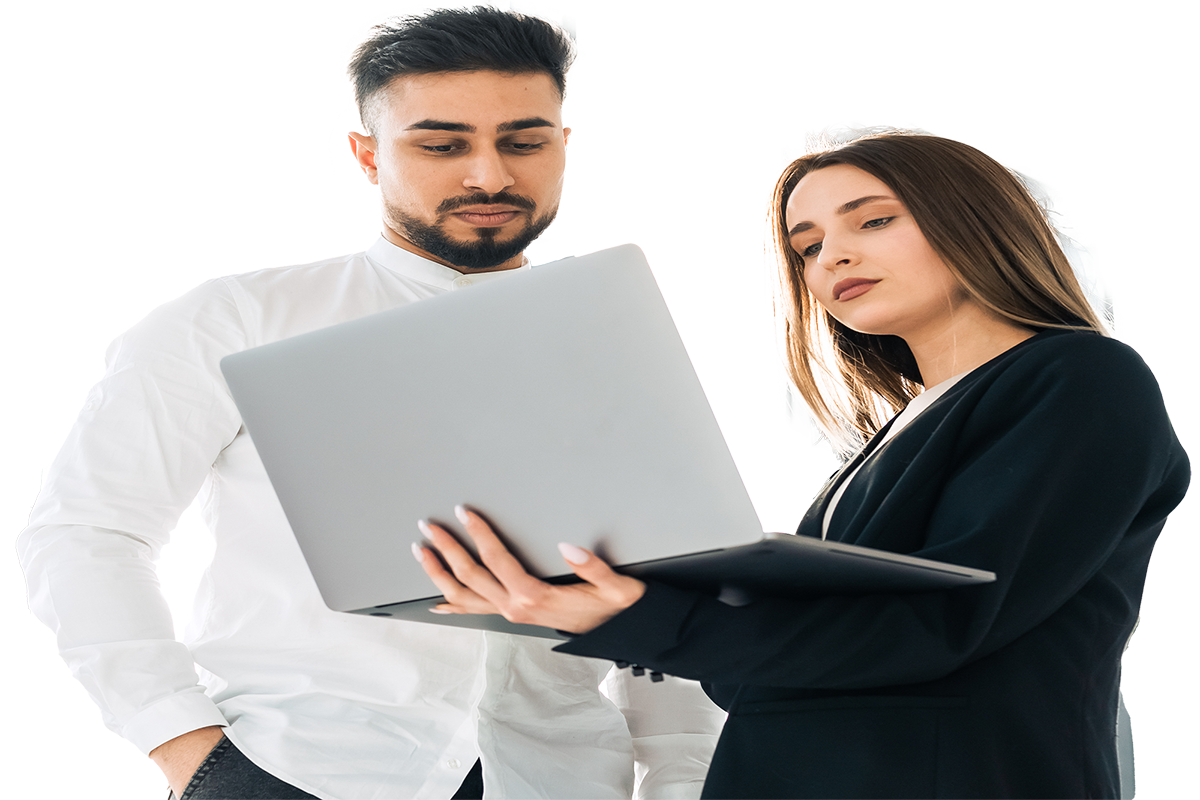 Person holding a laptop up for a colleague to view.