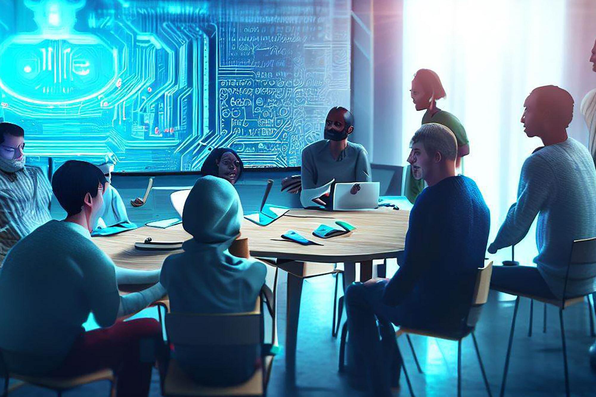 A group of people sitting around a table with a big projection screen behind them