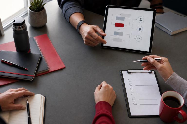 People review an AI tool request using a checklist, security diagram, and approval workflow displayed on a tablet.