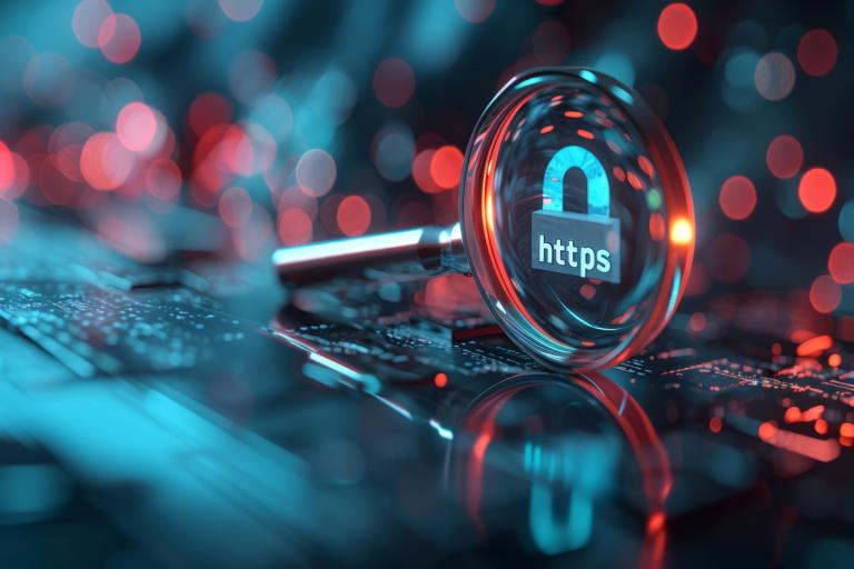 HTTPS padlock on a digital network representing SSL certificates and secure website encryption.