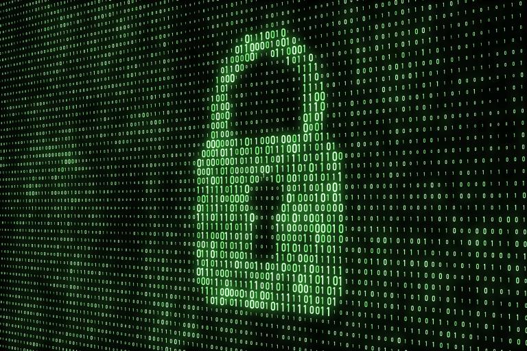 Green digital padlock icon formed from binary code, symbolizing cybersecurity and data protection.
