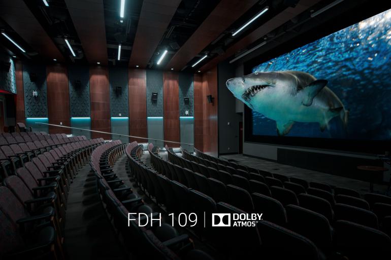 Movie screen with shark image and FDH 109 Dolby Atmos