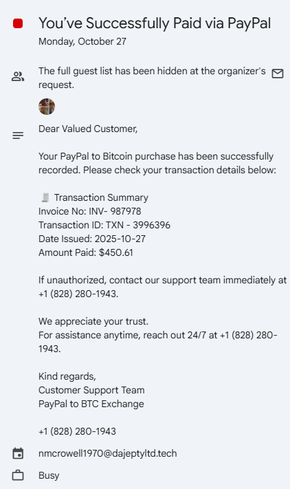 Google Calendar Phishing Example