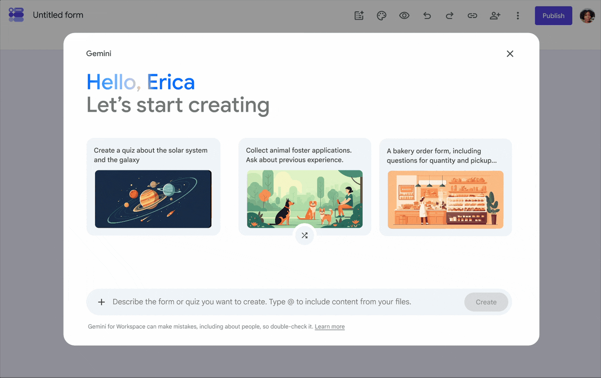 Create a quiz in Google Form using a prompt