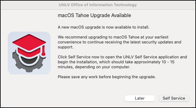 Screenshot reading macOS Tahoe Upgrade Available and the buttons Later and Self Service.